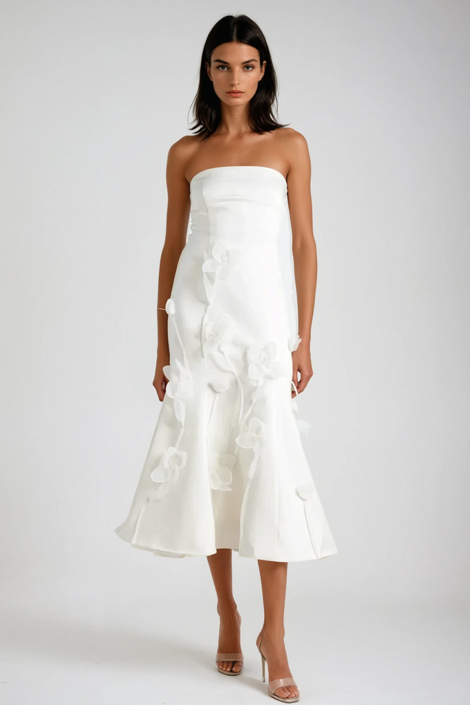 Aren Strapless Flower Ruffle Midi Dress - Stylish beautiful dress for special occasions | Buy Online