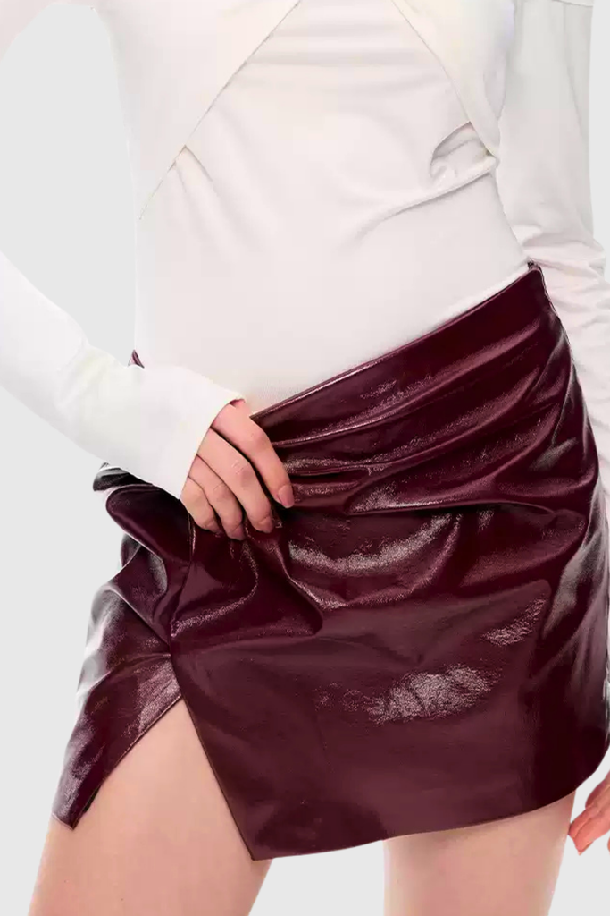 Arete Ruch Twist Short Leather Skirt In Red - Stylish red dress for special occasions | Buy Online