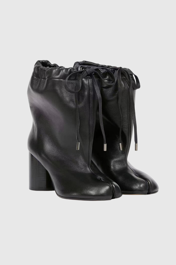Stylish black dress | Ariadne Drawstring Lace Up Tabi Leather Boots In Black - Ideal for special occasions