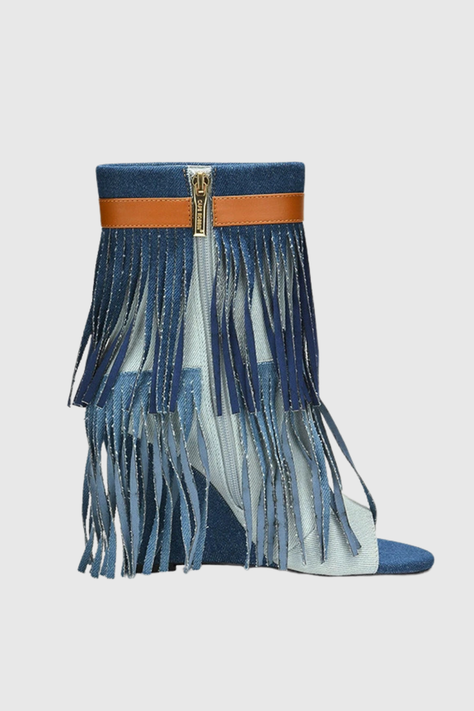 Stylish blue dress | Arian Peep Toe Fringe Suede Boots In Blue - Ideal for special occasions