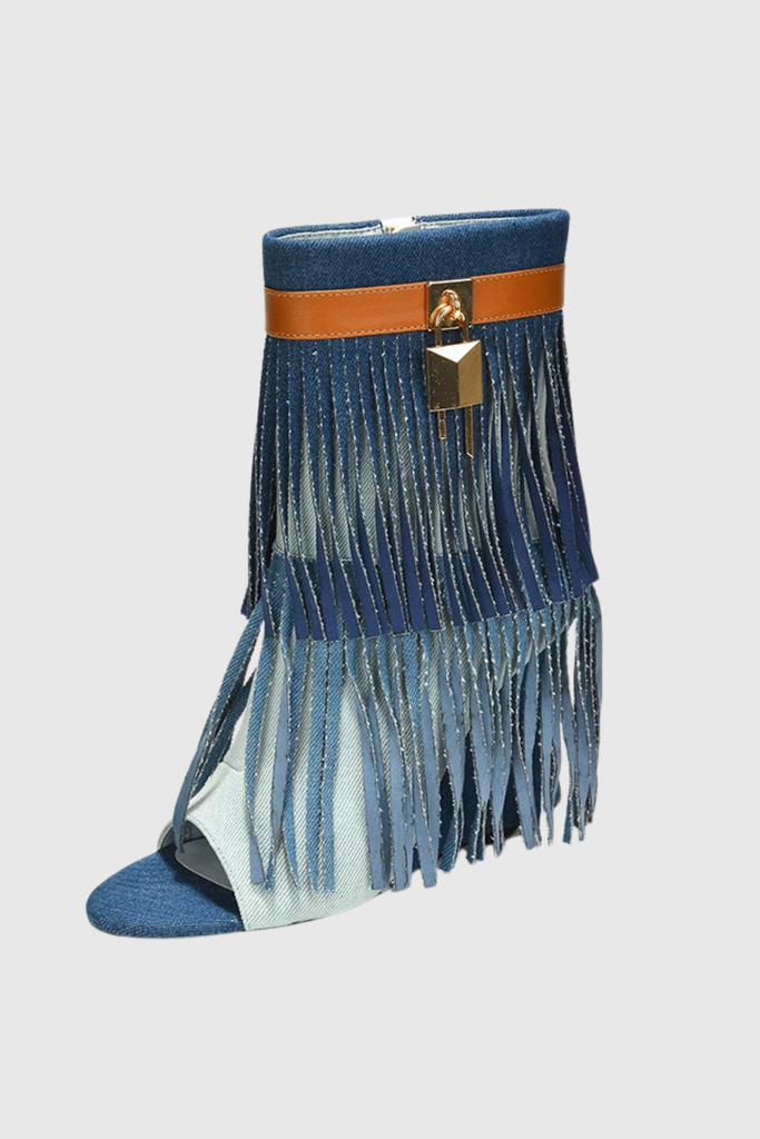 Stylish blue dress | Arian Peep Toe Fringe Suede Boots In Blue - Ideal for special occasions