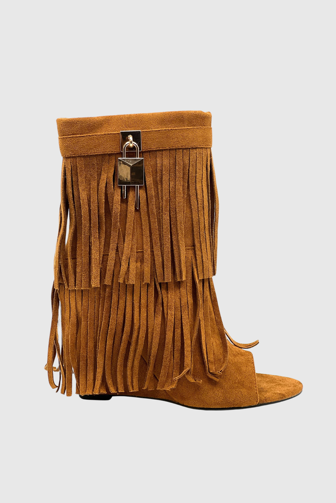 Arian Peep Toe Fringe Suede Boots In Brown - Stylish brown dress for special occasions | Buy Online