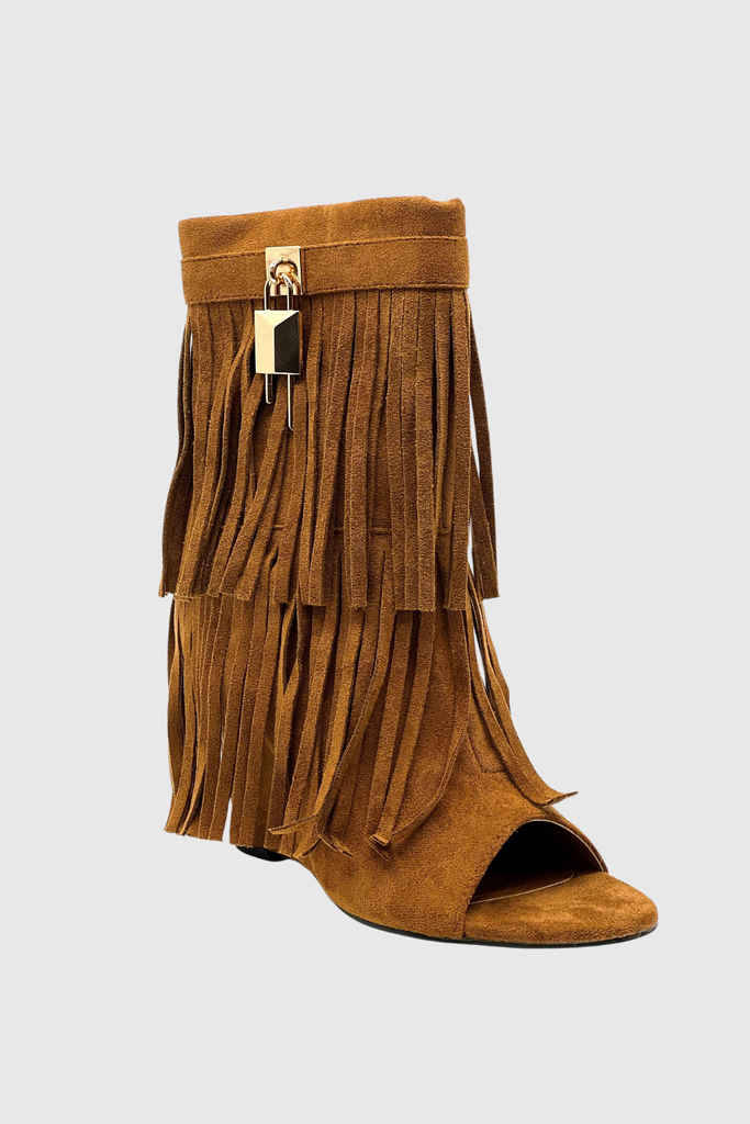 Stylish brown dress | Arian Peep Toe Fringe Suede Boots In Brown - Ideal for special occasions