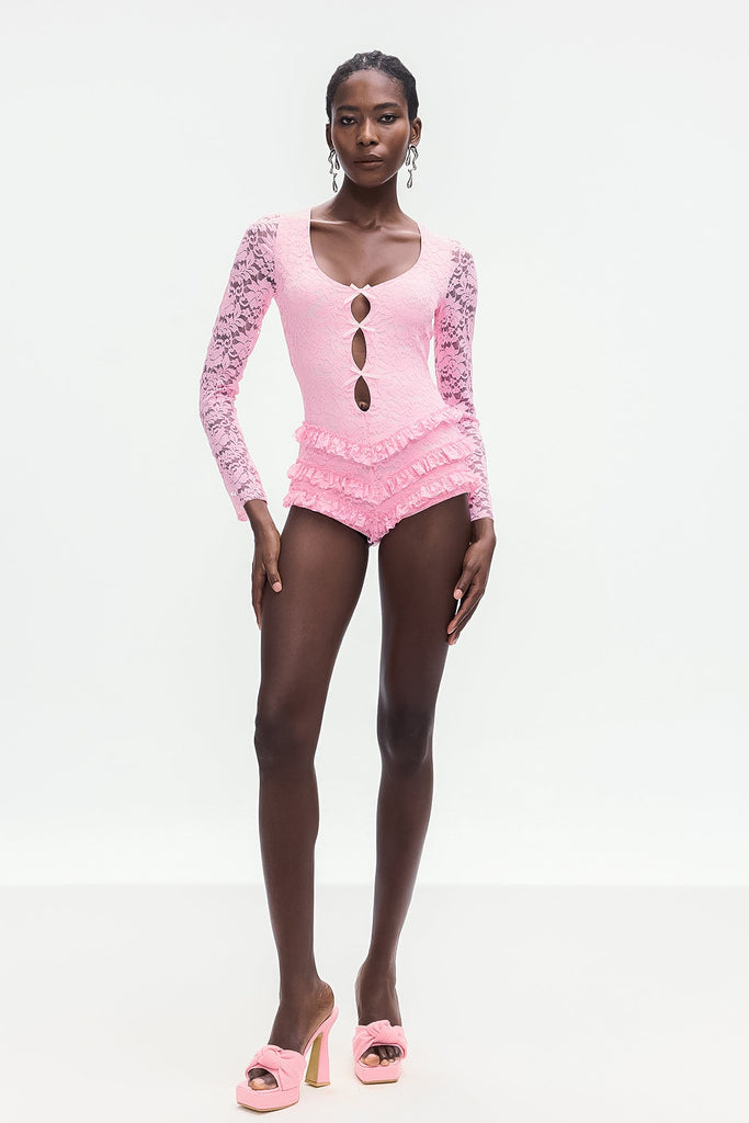 Shop  beautiful dress - Perfect for special occasions | Arif Lace Bow Cutout Ruffle Short Jumpsuit