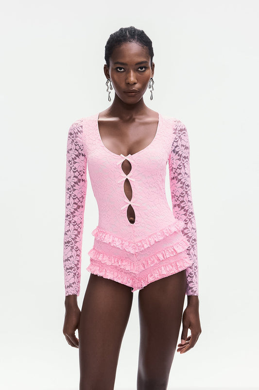 Arif Lace Bow Cutout Ruffle Short Jumpsuit