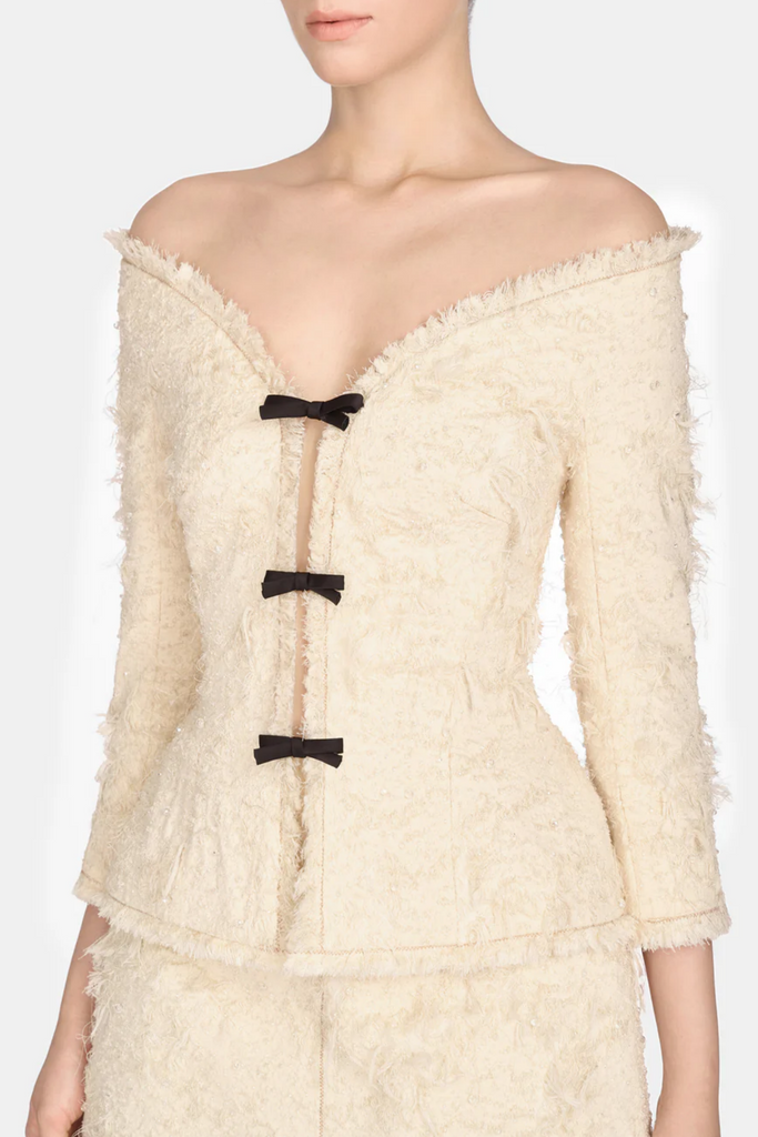 Arife Off Shoulder Bow Crystal Embellished Blazer Two Piece Set - Beige - Stylish beige dress for special occasions | Buy Online