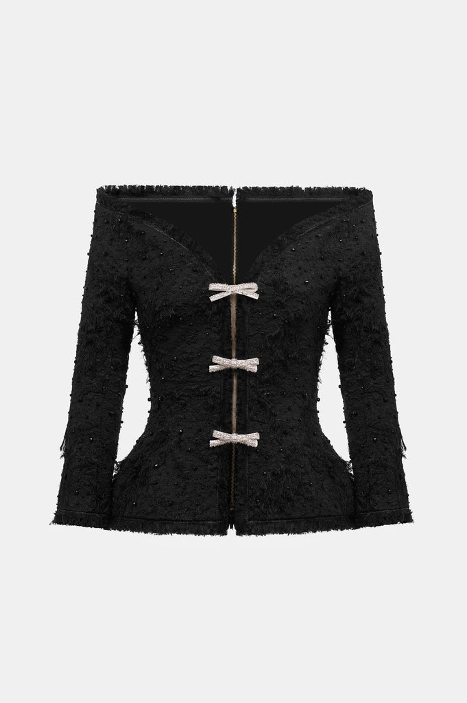 Shop  black dress - Perfect for special occasions | Arife Off Shoulder Bow Crystal Embellished Blazer Two Piece Set - Black