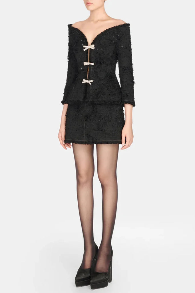 Shop  black dress - Perfect for special occasions | Arife Off Shoulder Bow Crystal Embellished Blazer Two Piece Set - Black