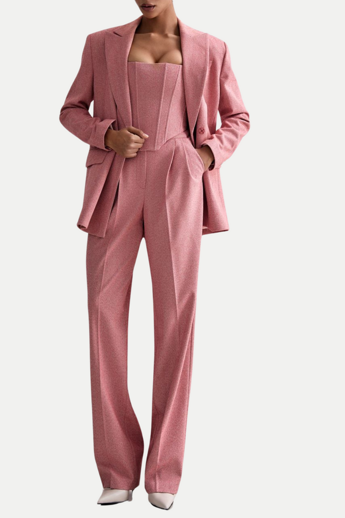 Armenb Lapel Strapless Three Piece Set - Pink - Stylish pink dress for special occasions | Buy Online