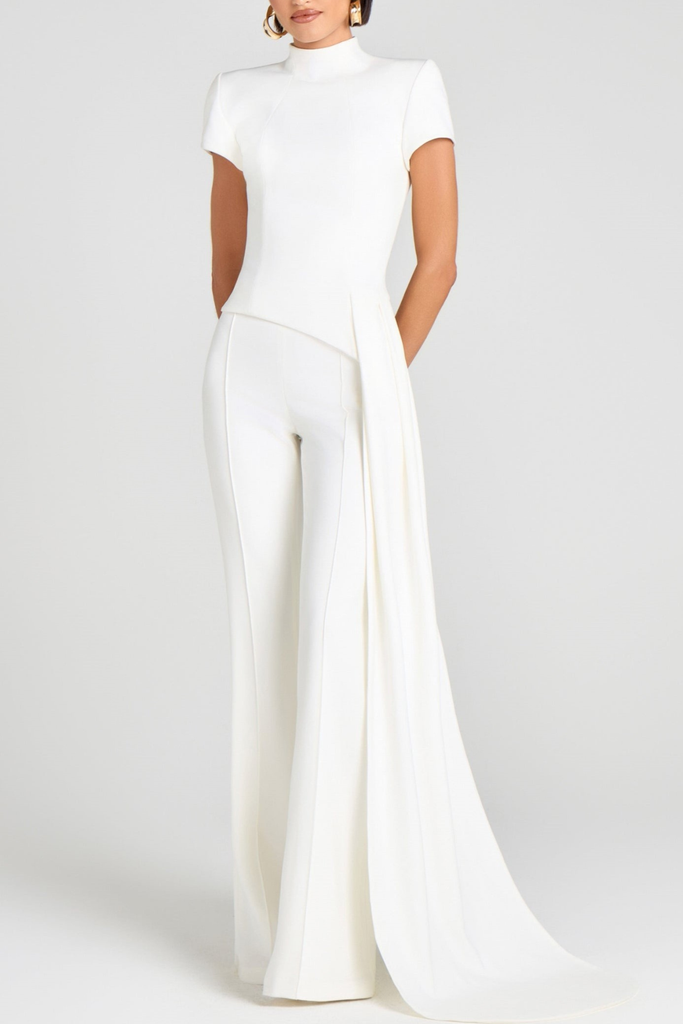 Stylish white dress | odelette Sculpted High Neck Pants Set - White - Ideal for special occasions