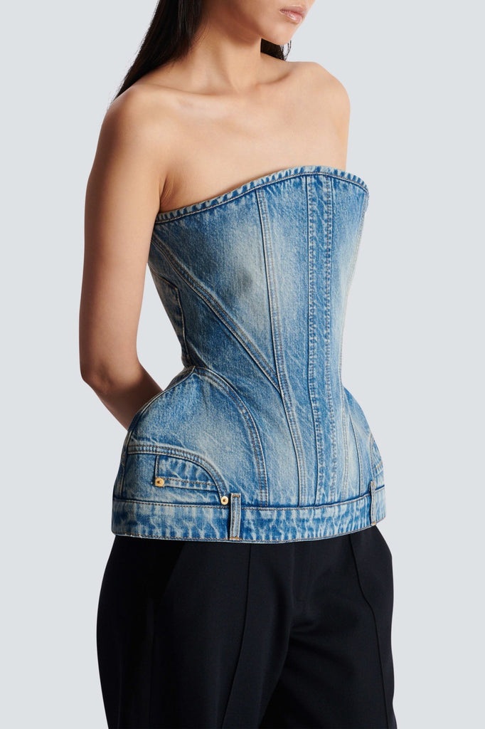 Joyce Structured Denim Bustier - Stylish red dress for special occasions | Buy Online