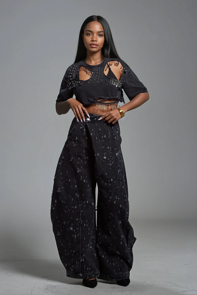 Ayah Torn Asymmetric Jeans - Stylish beautiful dress for special occasions | Buy Online