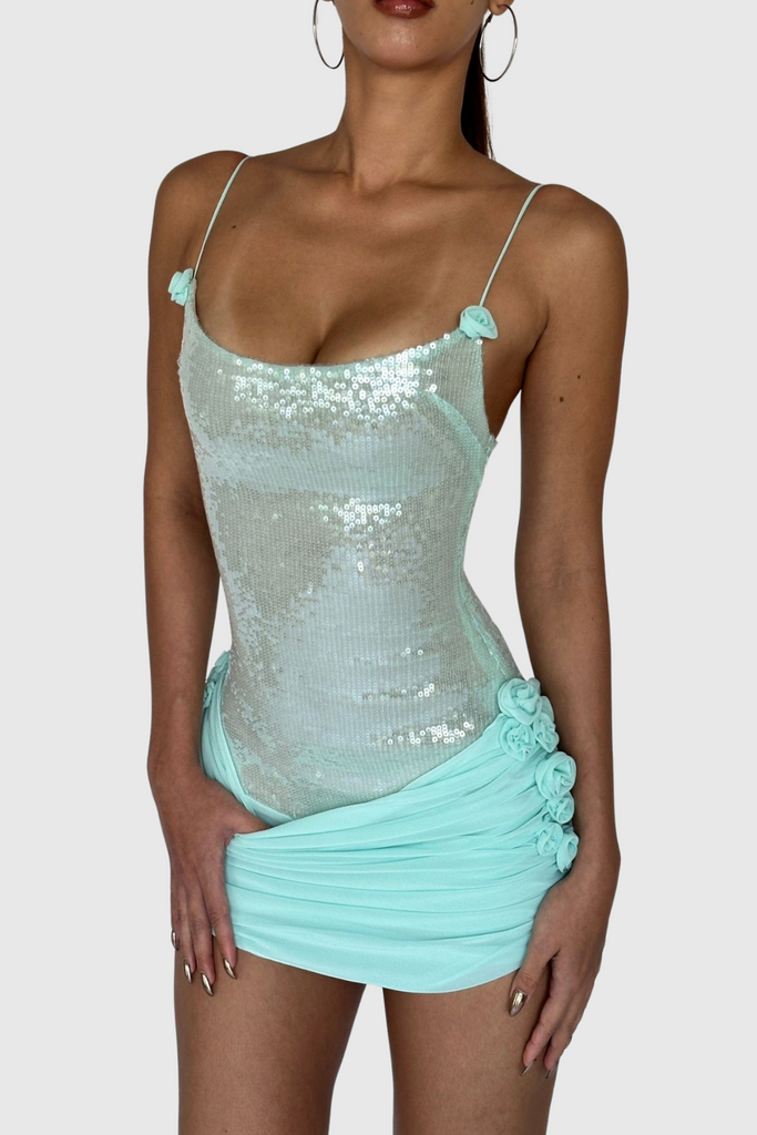 Shop  beautiful dress - Perfect for special occasions | Azadeh Foral Sequin Ruched Mini Dress