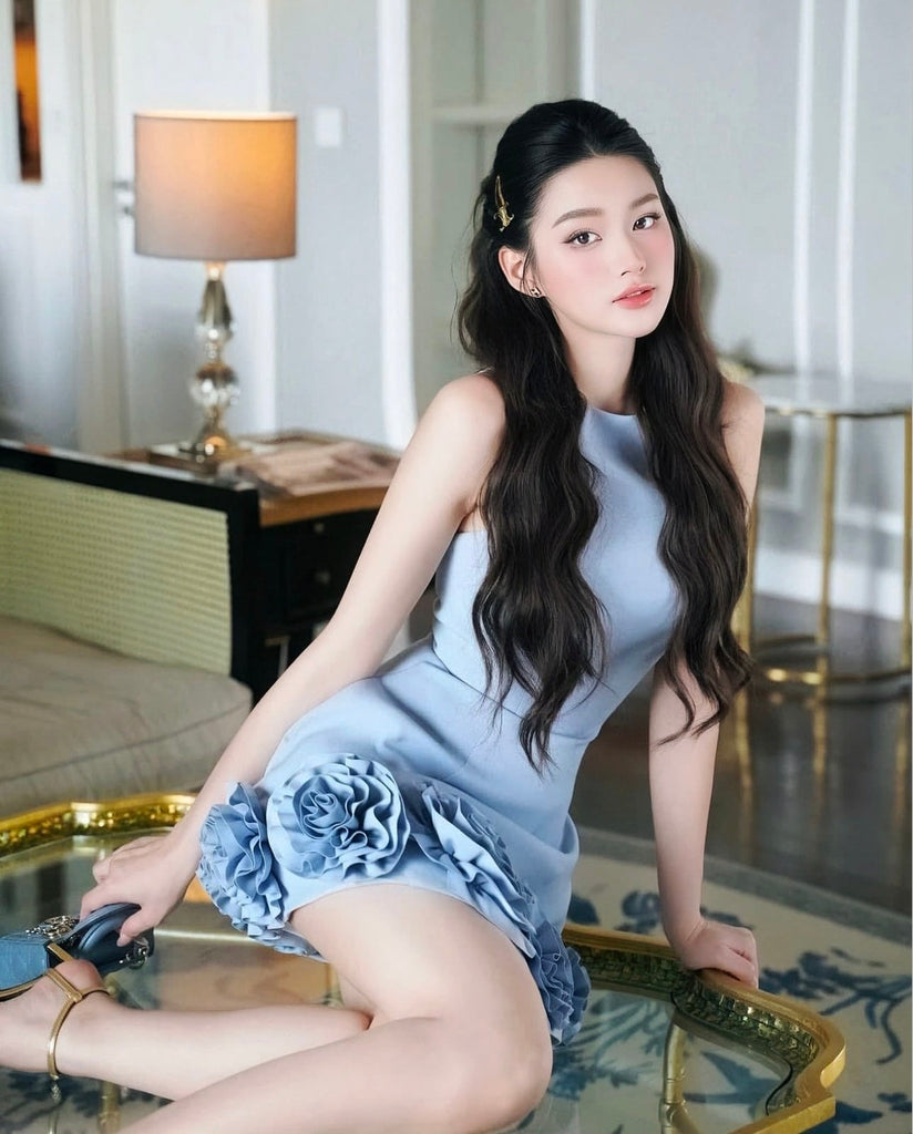 Stylish blue dress | Azure 3D Flower Mini Dress In Blue - Ideal for special occasions