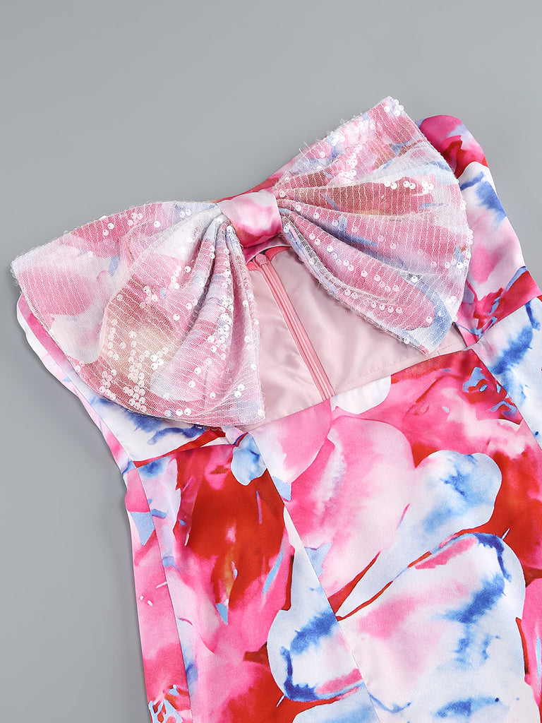 Stylish beautiful dress | STRAPLESS LARGE BOW DECORATED PRINTED HIP MINI DRESS - Ideal for special occasions