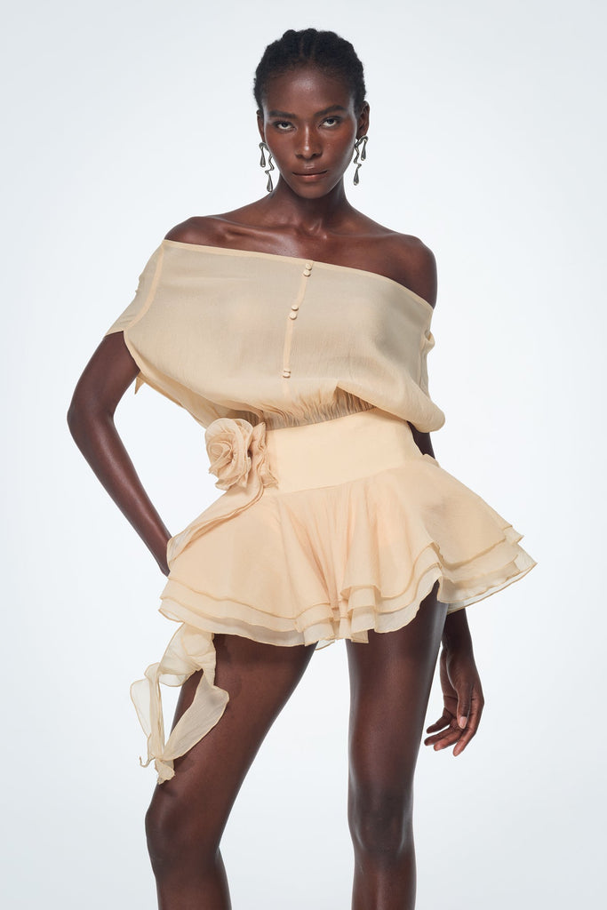 Baatar Backless Ruffle Flower Mini Dress In Apricot - Stylish beautiful dress for special occasions | Buy Online