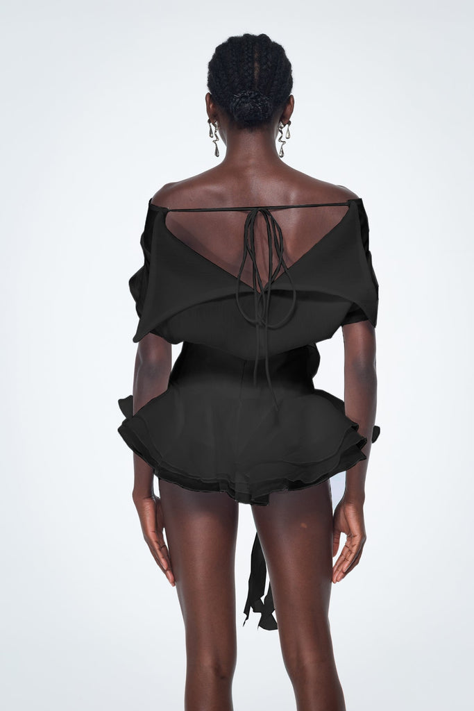 Baatar Backless Ruffle Flower Mini Dress In Black - Stylish black dress for special occasions | Buy Online