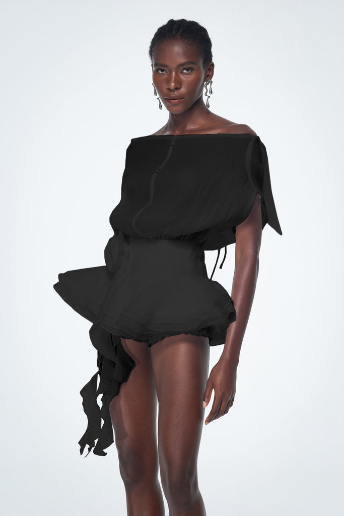 Baatar Backless Ruffle Flower Mini Dress In Black - Stylish black dress for special occasions | Buy Online