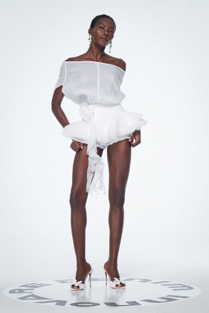 Stylish white dress | Baatar Backless Ruffle Flower Mini Dress In White - Ideal for special occasions