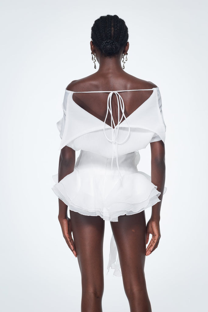 Stylish white dress | Baatar Backless Ruffle Flower Mini Dress In White - Ideal for special occasions