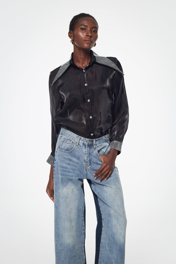 Badurad Rhinestone Lapel Shirt In Black - Stylish black dress for special occasions | Buy Online