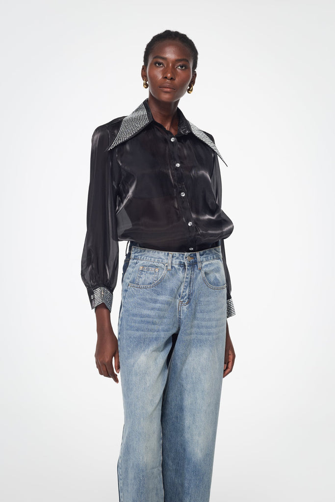 Badurad Rhinestone Lapel Shirt In Black - Stylish black dress for special occasions | Buy Online