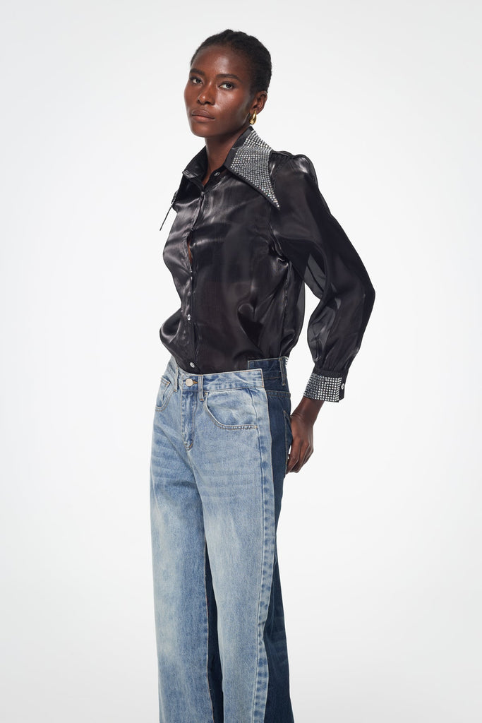 Badurad Rhinestone Lapel Shirt In Black - Stylish black dress for special occasions | Buy Online