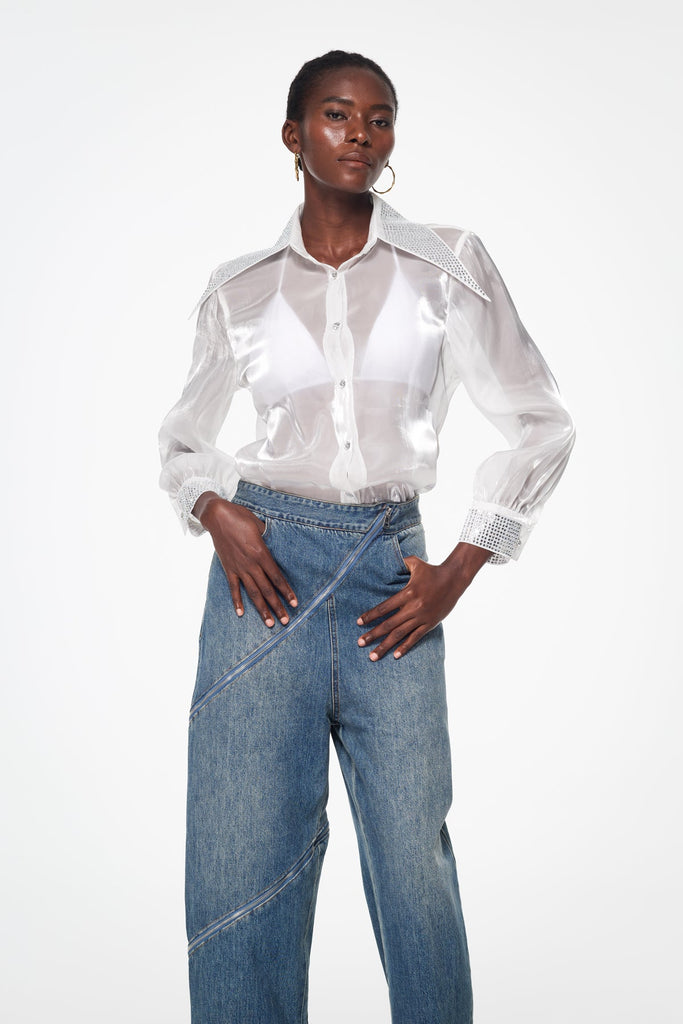 Stylish white dress | Badurad Rhinestone Lapel Shirt In White - Ideal for special occasions