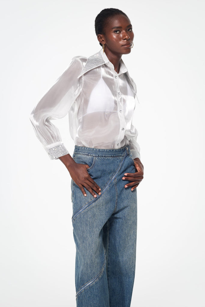 Stylish white dress | Badurad Rhinestone Lapel Shirt In White - Ideal for special occasions