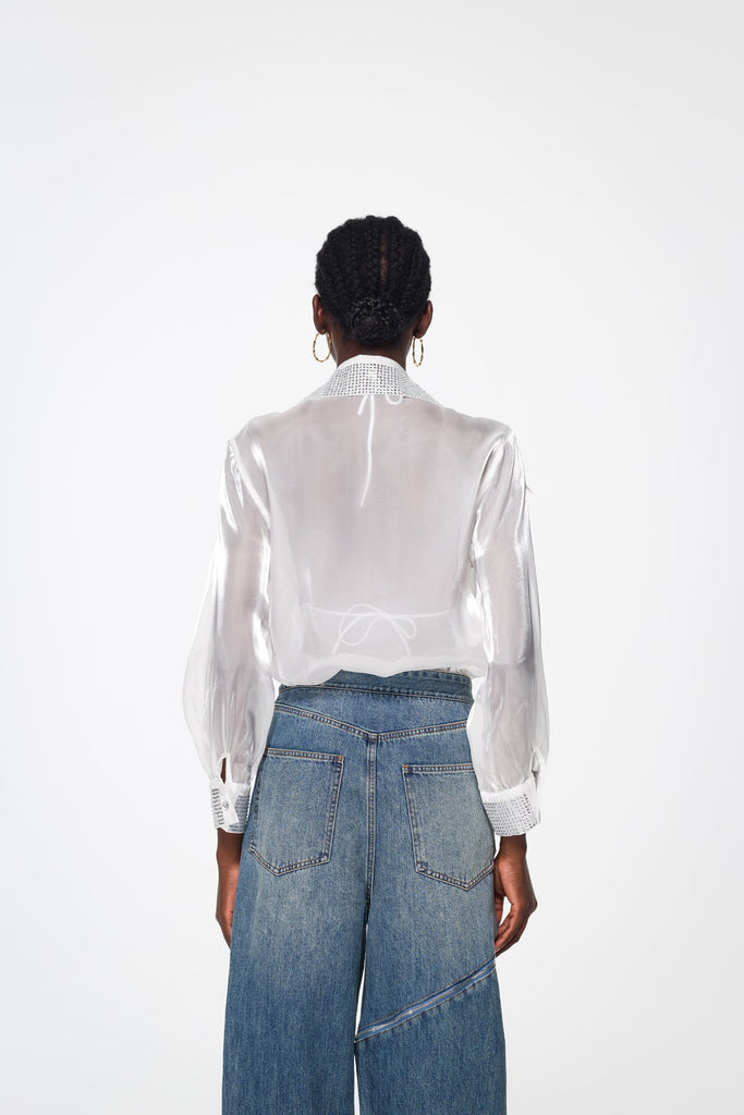 Badurad Rhinestone Lapel Shirt In White - Stylish white dress for special occasions | Buy Online