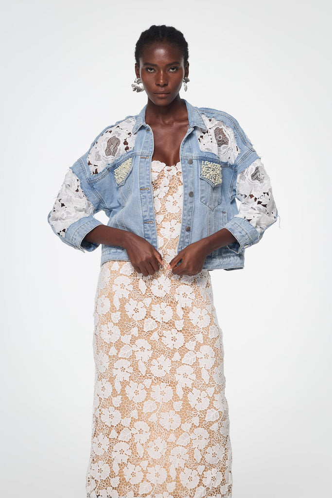 Stylish beautiful dress | Bagadata Lace Floarl Pearl Denim Jacket - Ideal for special occasions