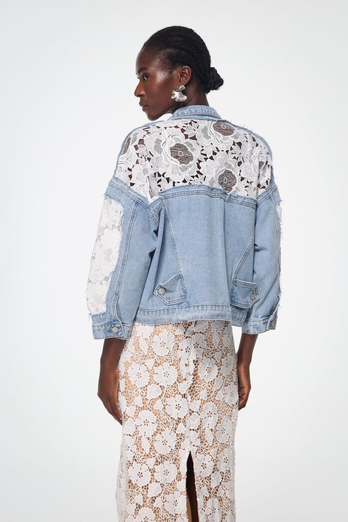 Shop  beautiful dress - Perfect for special occasions | Bagadata Lace Floarl Pearl Denim Jacket