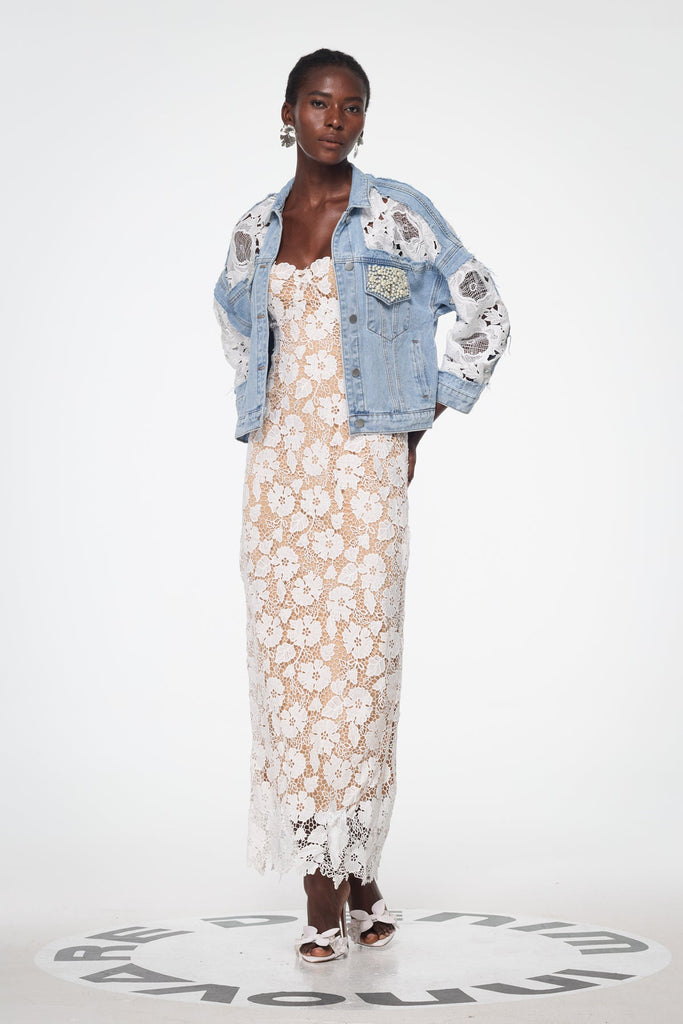 Shop  beautiful dress - Perfect for special occasions | Bagadata Lace Floarl Pearl Denim Jacket