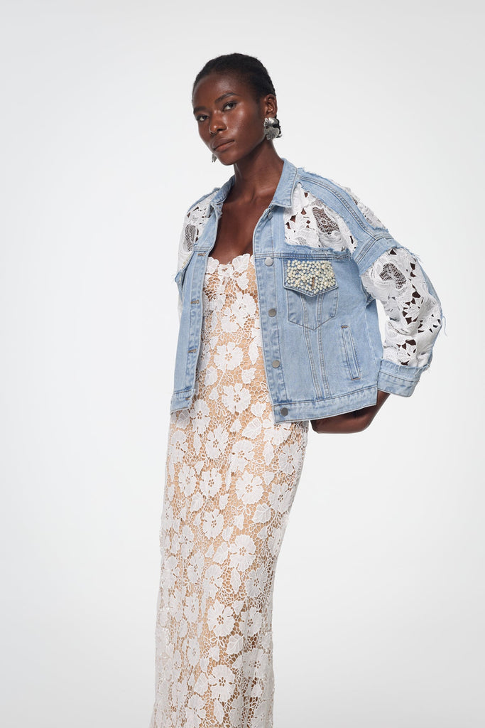 Shop  beautiful dress - Perfect for special occasions | Bagadata Lace Floarl Pearl Denim Jacket