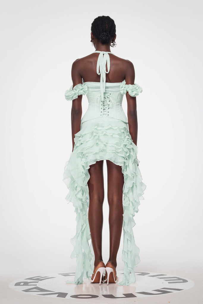 Baha Ruch Ruffle Fringe Mini Dress In Green - Stylish green dress for special occasions | Buy Online