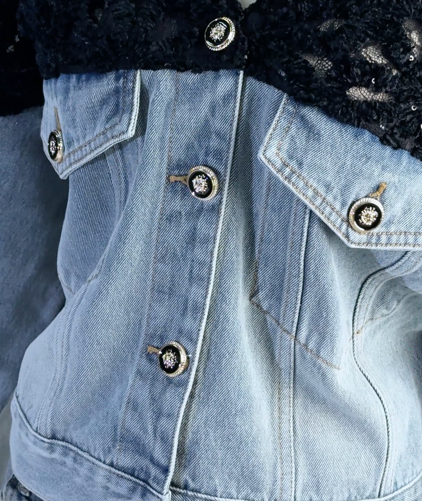 Bakhtiyar Embroidered Sequin Denim Jacket - Stylish red dress for special occasions | Buy Online