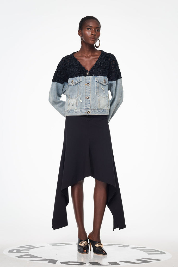 Shop  red dress - Perfect for special occasions | Bakhtiyar Embroidered Sequin Denim Jacket