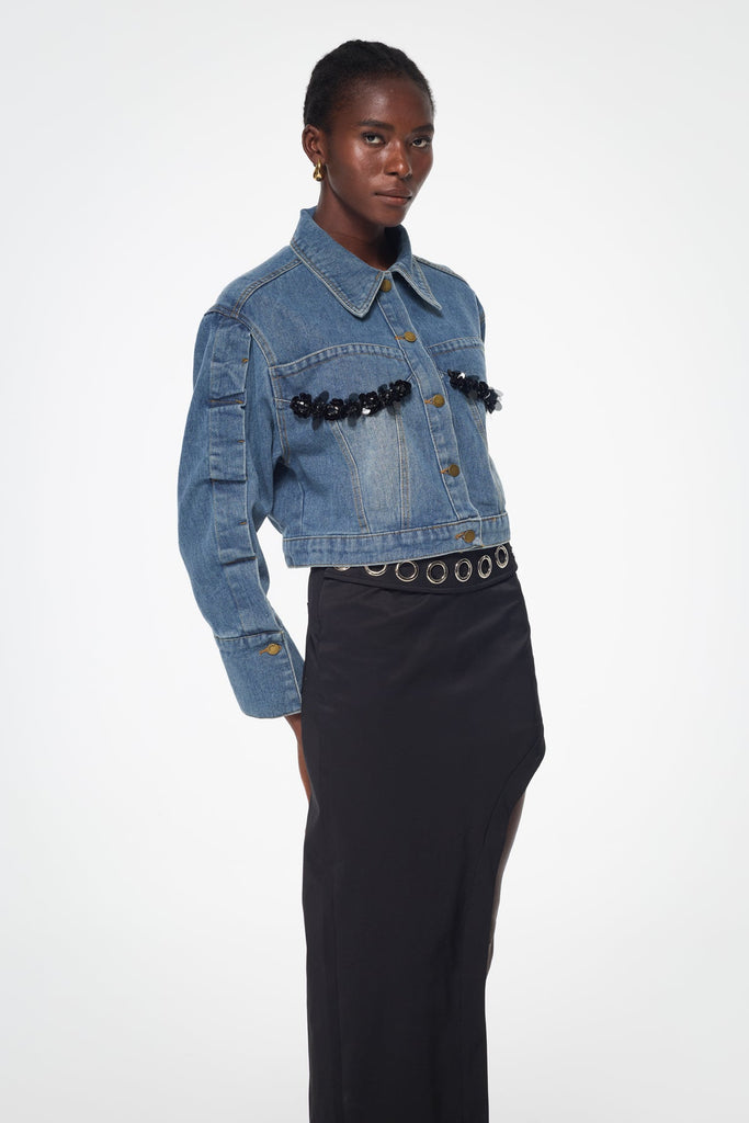 Stylish beautiful dress | Baktygul Deconstruct Embellished Denim Jacket - Ideal for special occasions