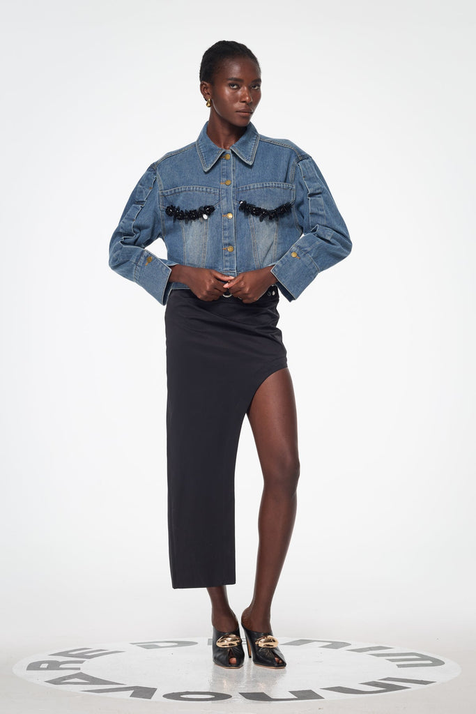 Stylish beautiful dress | Baktygul Deconstruct Embellished Denim Jacket - Ideal for special occasions