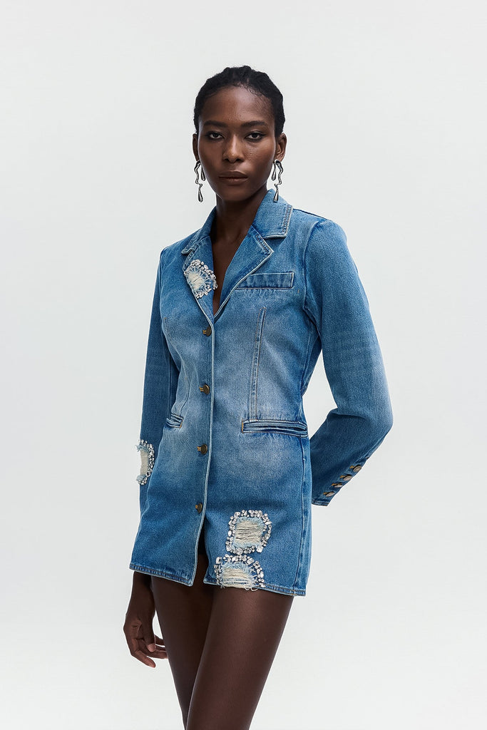 Stylish beautiful dress | Baldwin Rhinestone Cutout Lapel Denim Mini Dress - Ideal for special occasions