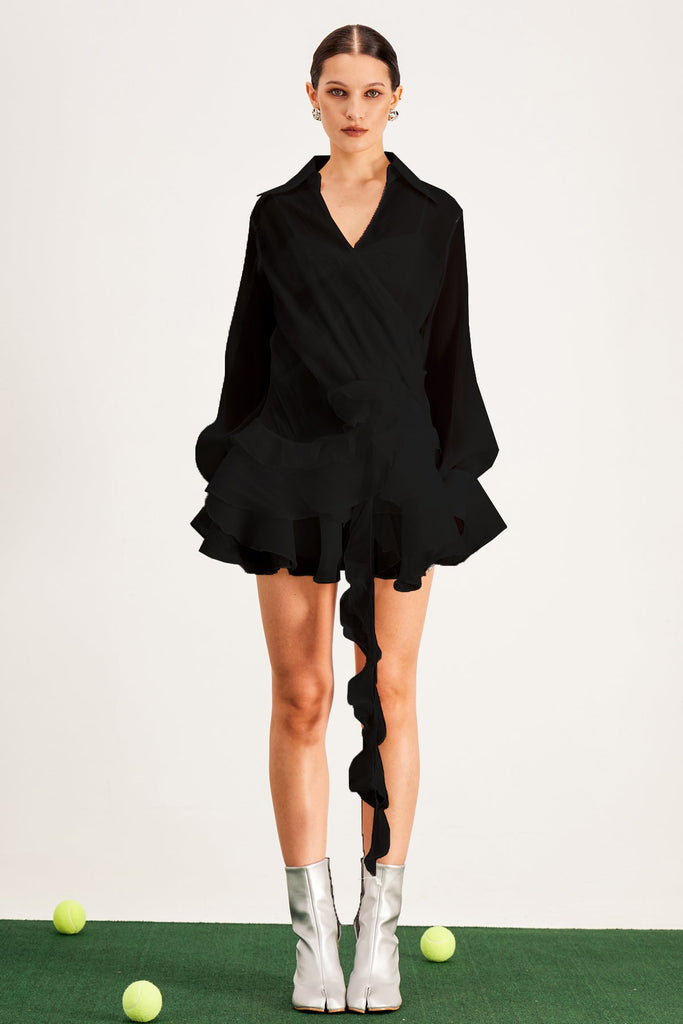 Balfour Ruffle Flower Mini Dress In Black - Stylish black dress for special occasions | Buy Online