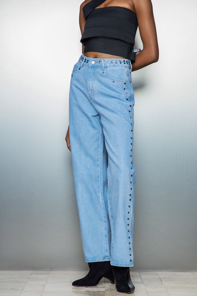 Banquo Star Embellished Wide Jeans In Blue - Stylish blue dress for special occasions | Buy Online