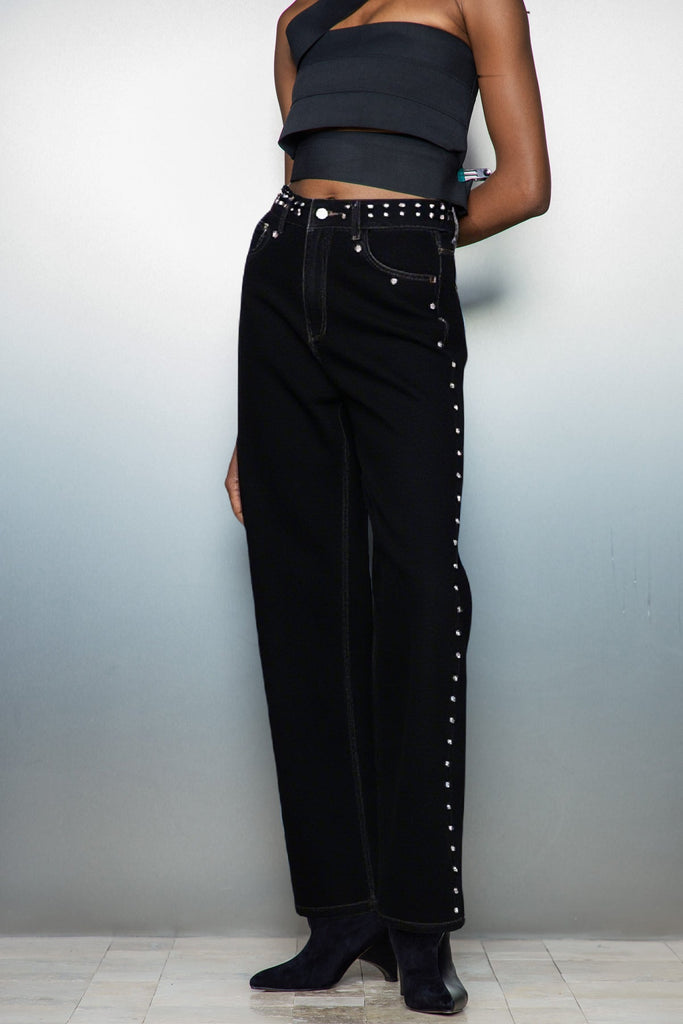Banquo Star Embellished Wide Jeans In Black - Stylish black dress for special occasions | Buy Online