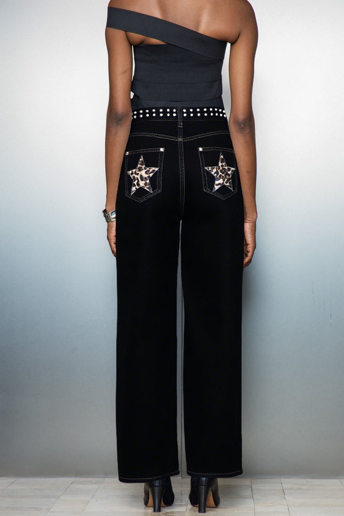 Banquo Star Embellished Wide Jeans In Black - Stylish black dress for special occasions | Buy Online