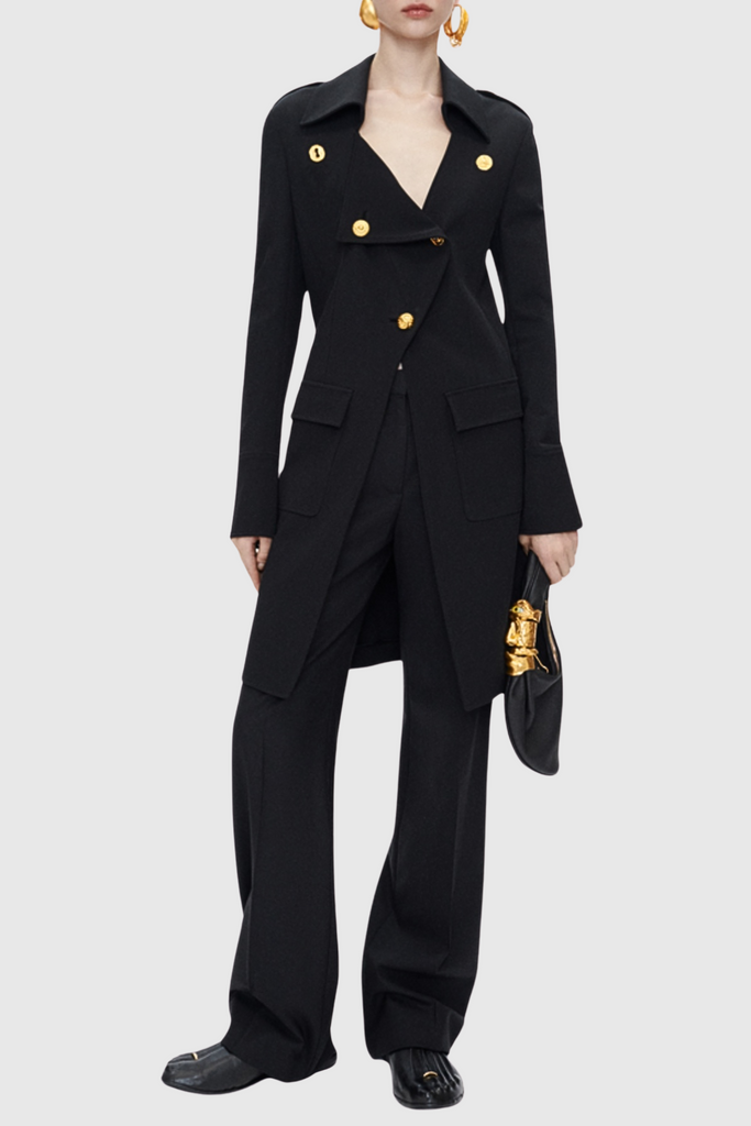 Stylish beautiful dress | Baraia Asymmetric Gold-buttoned Embellished Coat - Ideal for special occasions