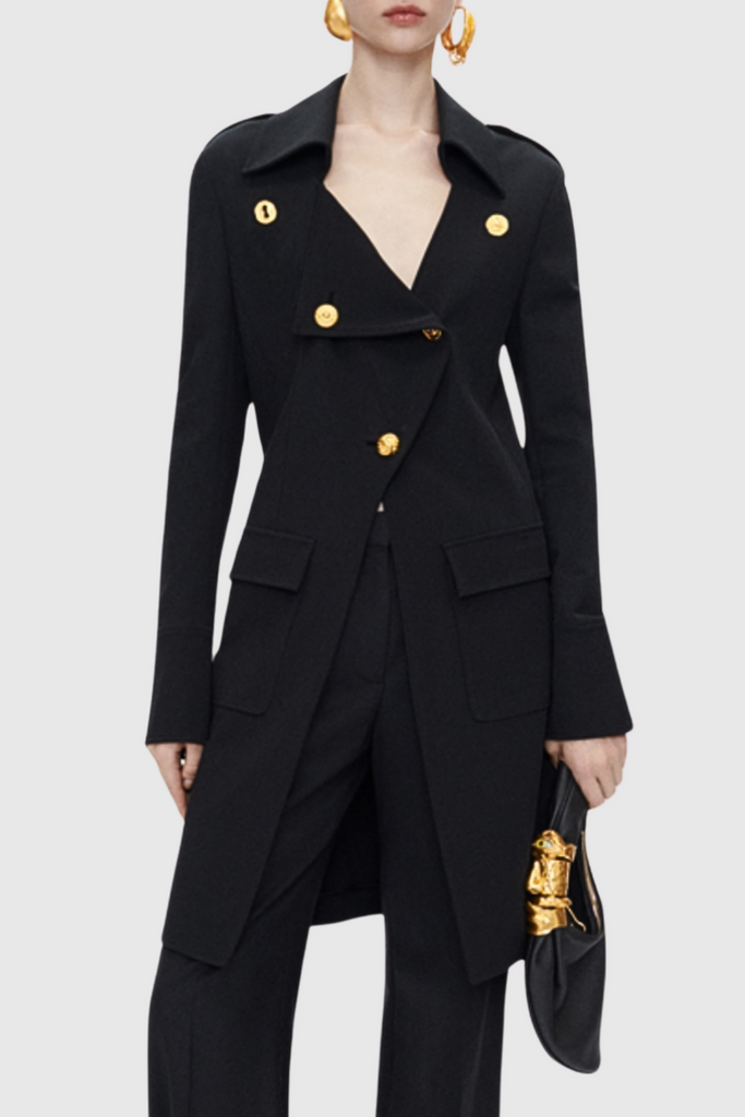 Shop  beautiful dress - Perfect for special occasions | Baraia Asymmetric Gold-buttoned Embellished Coat