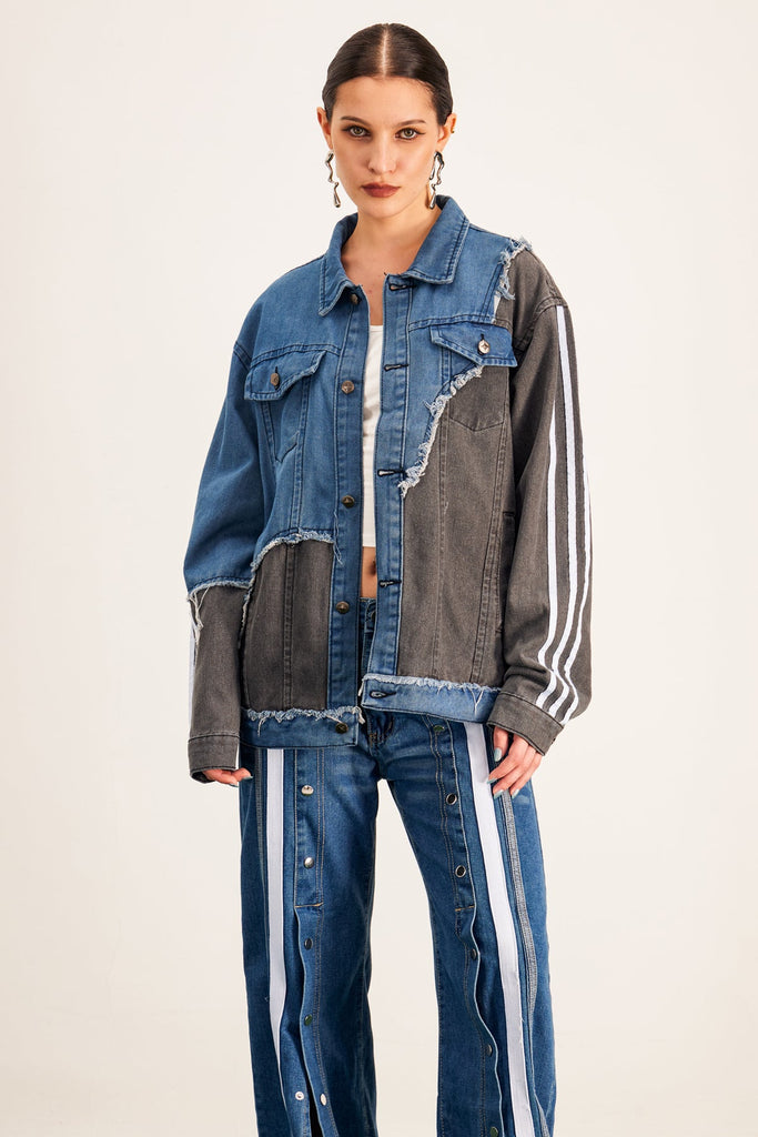 Barbora Asymmetric Deconstruct Stripe Denim Jacket - Stylish beautiful dress for special occasions | Buy Online