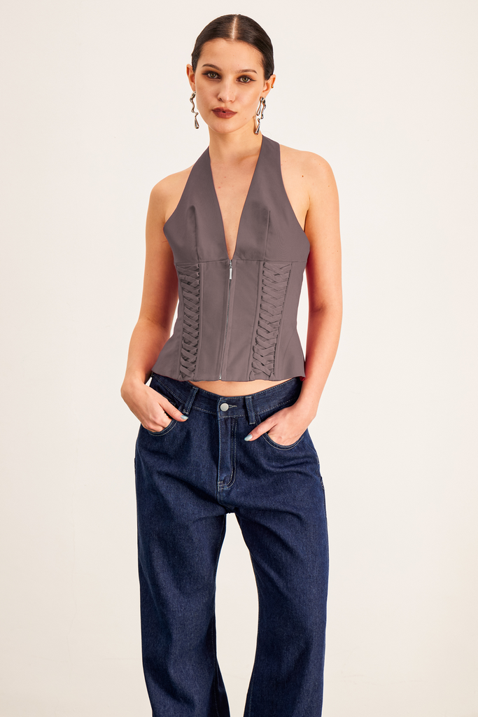 Stylish beautiful dress | Barclay Lace Up Halter Neck Corset Top In Grey - Ideal for special occasions