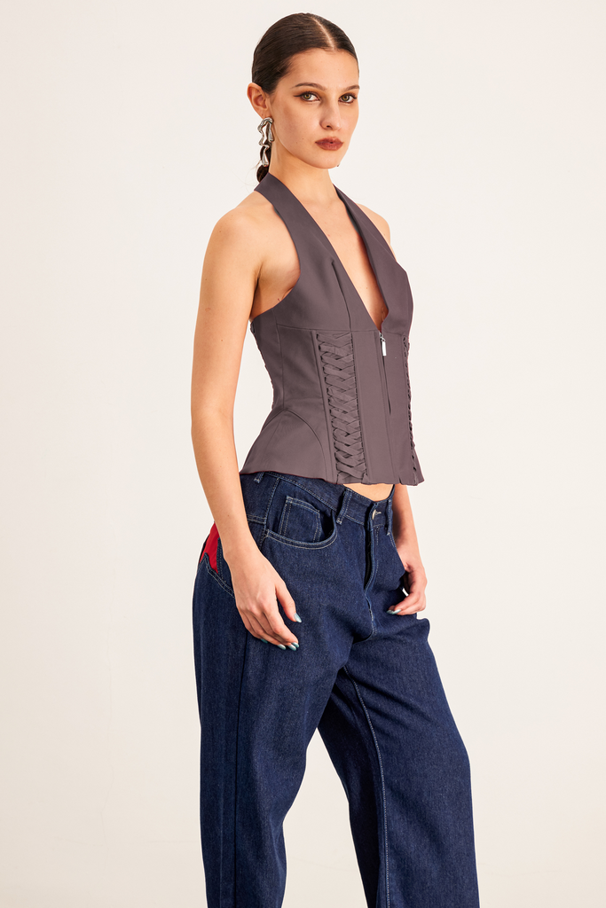 Stylish beautiful dress | Barclay Lace Up Halter Neck Corset Top In Grey - Ideal for special occasions