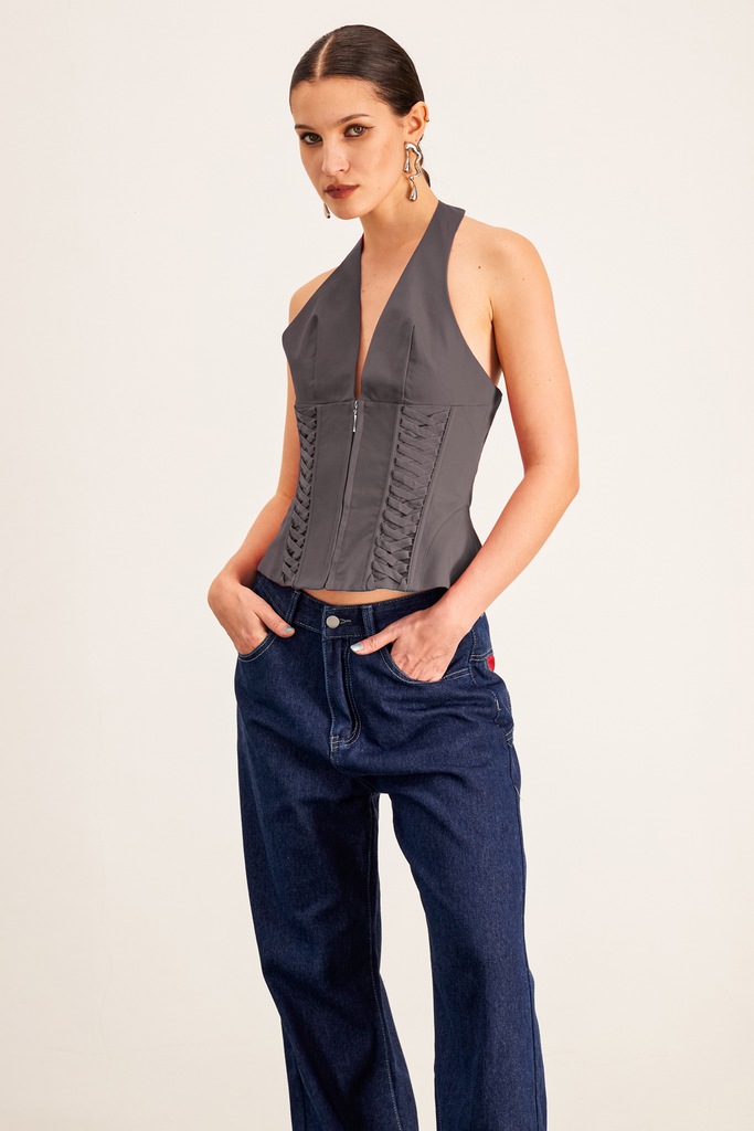 Shop  beautiful dress - Perfect for special occasions | Barclay Lace Up Halter Neck Corset Top In Grey